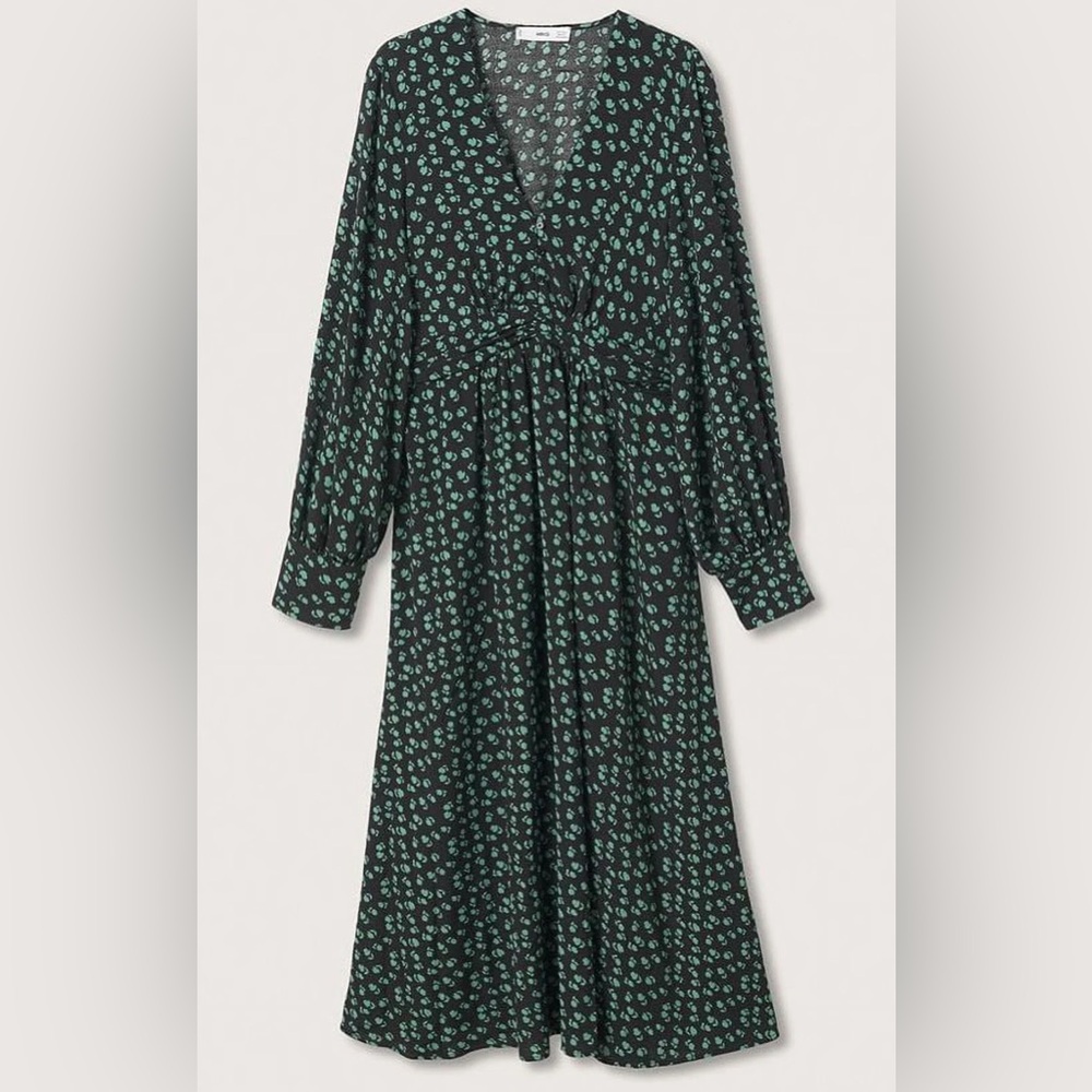 Mango Black Dress with Green Floral Pattern